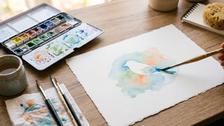 Boîte d'aquarelle et pinceau humide sur papier avec silhouette d'oiseau émergente, setup complet pour débuter l'aquarelle