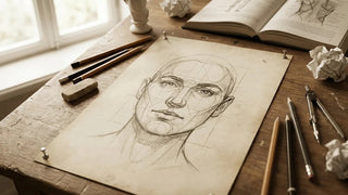 Portrait au crayon avec lignes de construction et outils de dessin sur bureau d'artiste