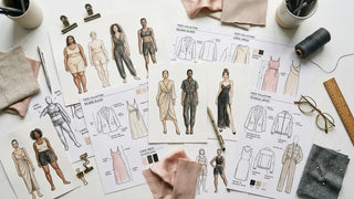 Croquis de mode avec silhouettes diversifiées et patrons de vêtements sur surface blanche, illustration inclusive de dessin de mode