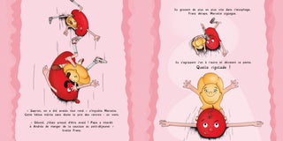 page intérieure de Franz Kaka et Marcelle Prout, Julie & Charlie Bruneau, éd. Un Dimanche Après-Midi — 9782378171582 
Un saucisse rouge (Franz kaka) et une madeleine (Madeleine Prout) glissent dans le l’œsophage. Le début de la digestion commence. 