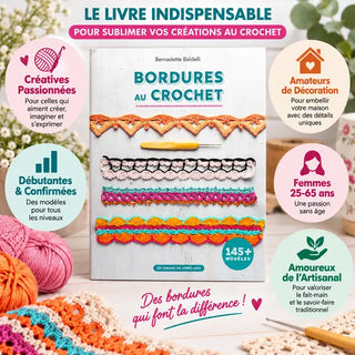Livre Bordures au Crochet 145+ modèles avec échantillons colorés et personas de crocheteuses